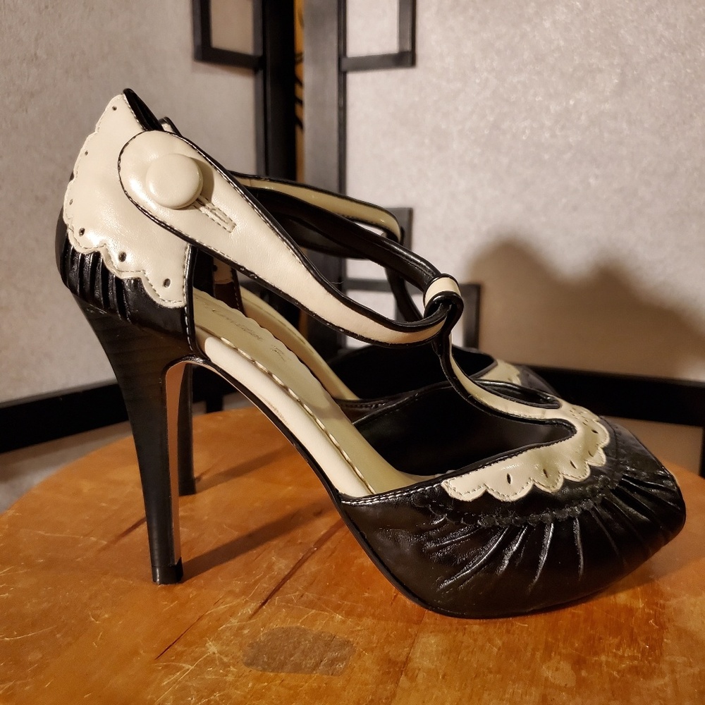 Damita K Black & White T-Strap Heels